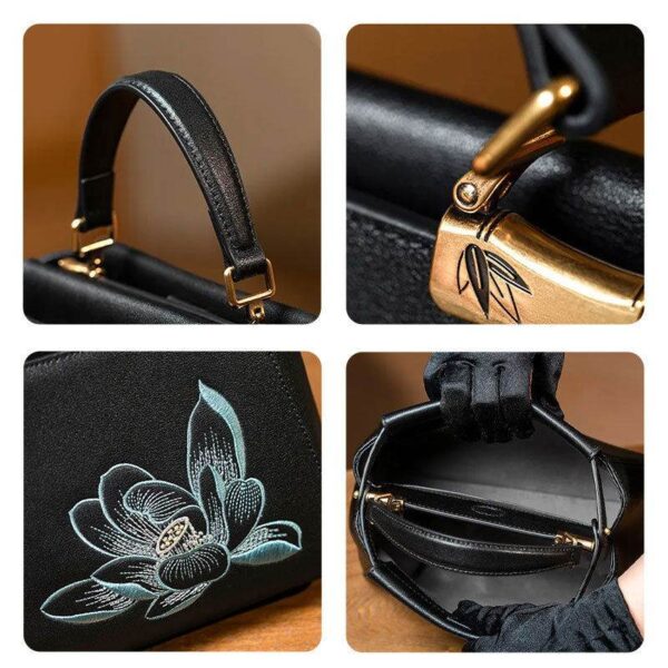 刺繍_レザー_黒_蓮_ハンドバッグ_-_中文2470483 Embroidery_Leather_Black_Lotus_Handbag_-_SinoCultural-2470483