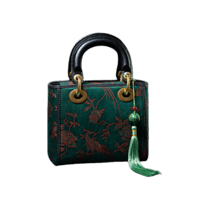 Xiangyunsha Silk Green Retro Cowhide Handbag with Pendant
