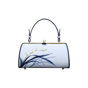 Embroidery Leather Blue Kiss Lock Bag Orchid Cylinder Chain Handbag