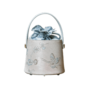 Brocade Jacquard Leather Drawstring Blue Butterfly Bucket Bag